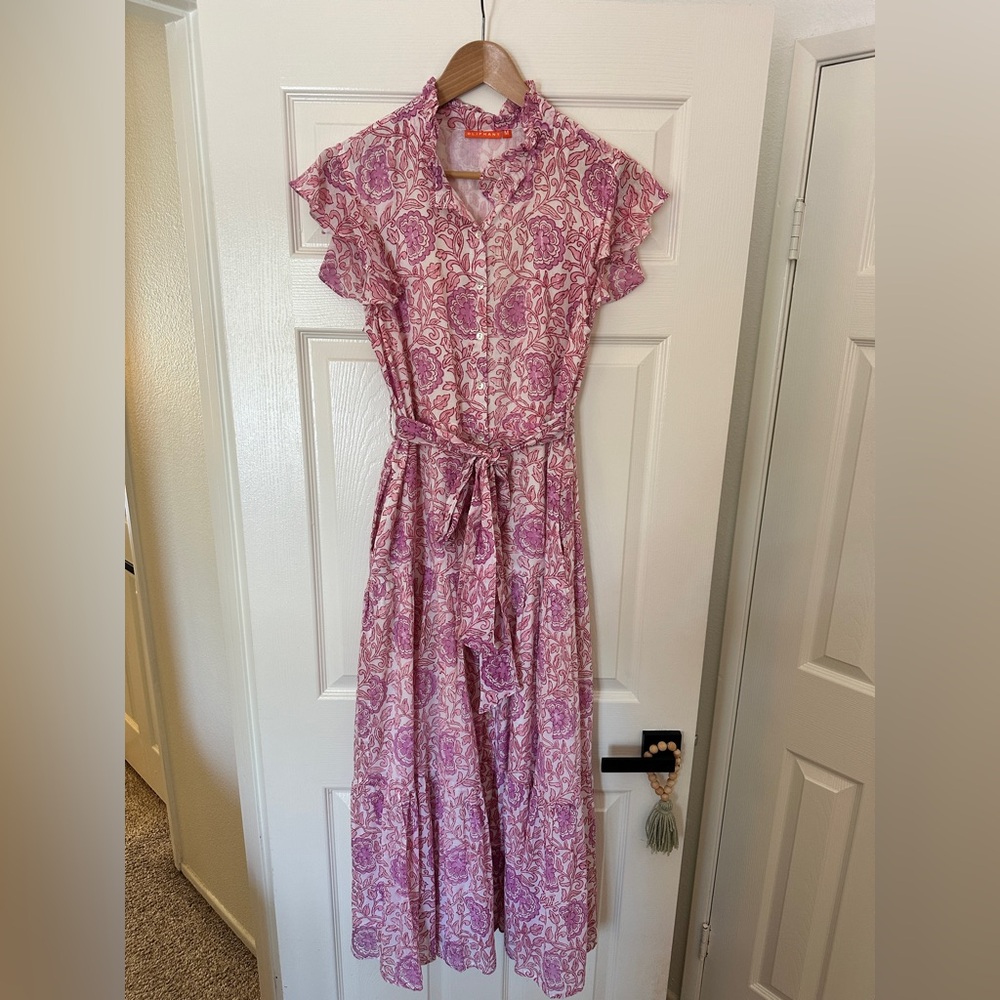EUC Oliphant Pink and White Ruffle Collar Maxi Dress
